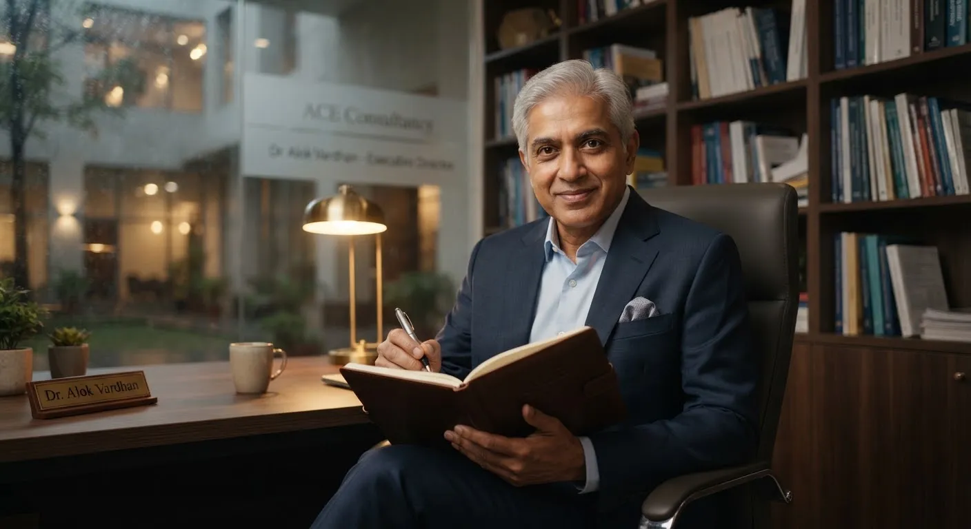 Dignified South Asian male executive director in tailored navy suit, silver hair, warm and authoritative expression in contemporary academic research office setting