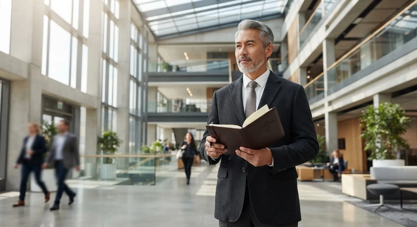 Focused mature corporate male strategist wearing dark tailored charcoal jacket holding a leather executive notebook in a sunlit architectural atrium
