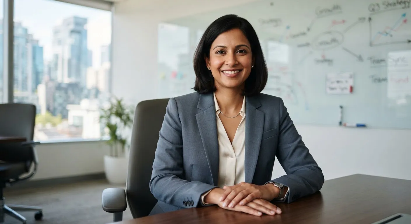 Modern professional South Asian female leader in slate gray blazer smiling confidently in an executive conference setting with blurred glass whiteboard in background