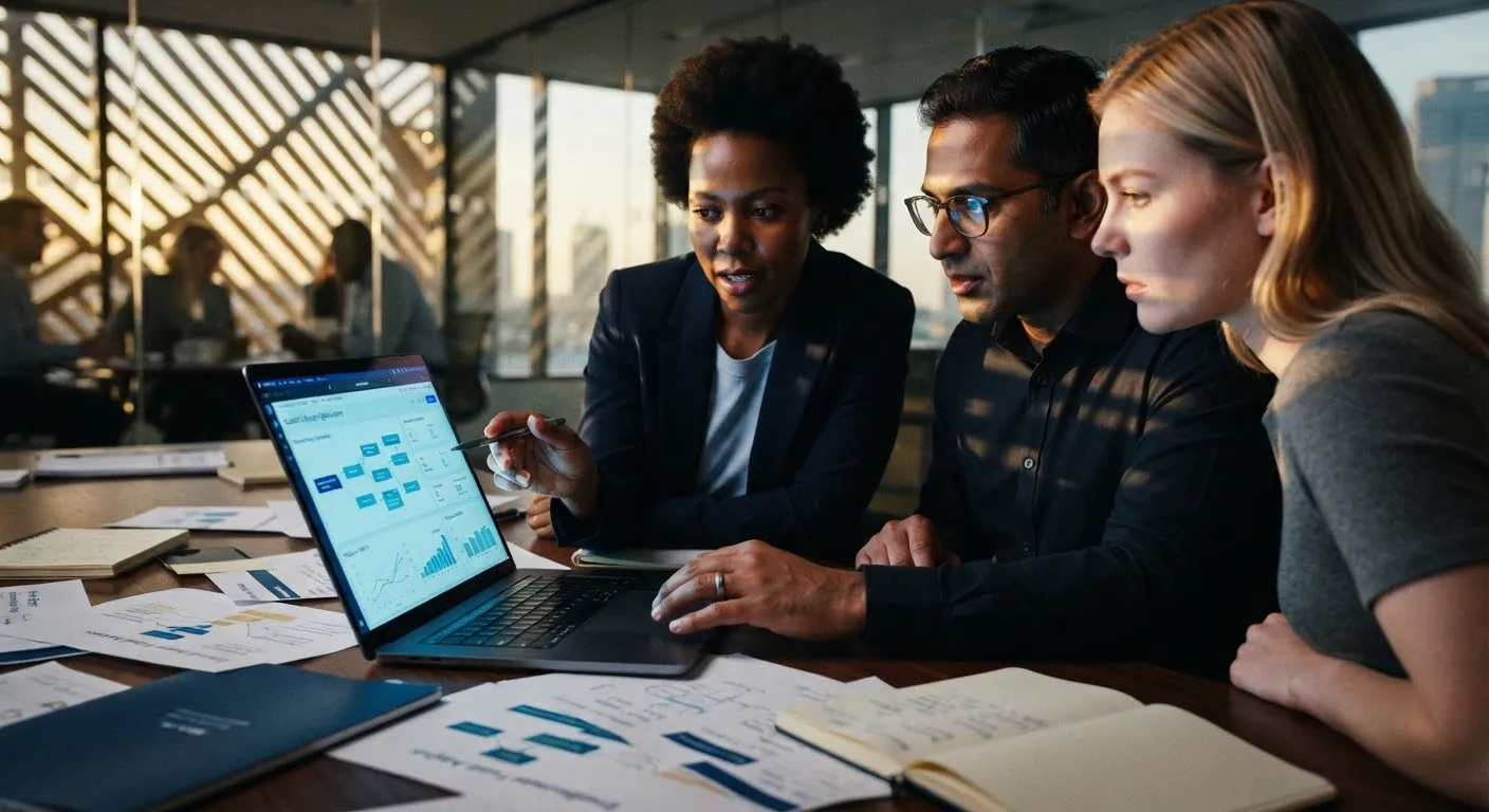 Professional multi-ethnic consulting team in modern corporate boardroom reviewing educational strategy documents and analytics on laptop screen, bright morning natural architectural light, navy and warm beige aesthetic, crisp executive atmosphere