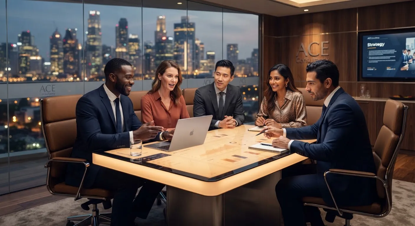 A group of diverse professionals in a bright modern boardroom smiling and collaborating around an open laptop, representing high-level executive strategic consultancy in executive navy and warm tones.